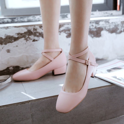 Leisure Cross-buckle Middle Heels Round Head Women Pumps