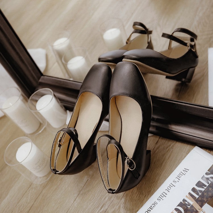 Leisure Cross-buckle Middle Heels Round Head Women Pumps