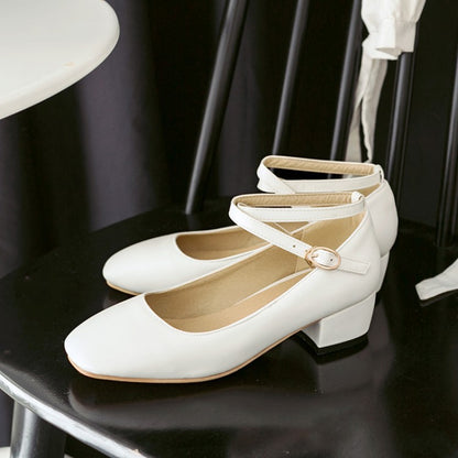 Leisure Cross-buckle Middle Heels Round Head Women Pumps