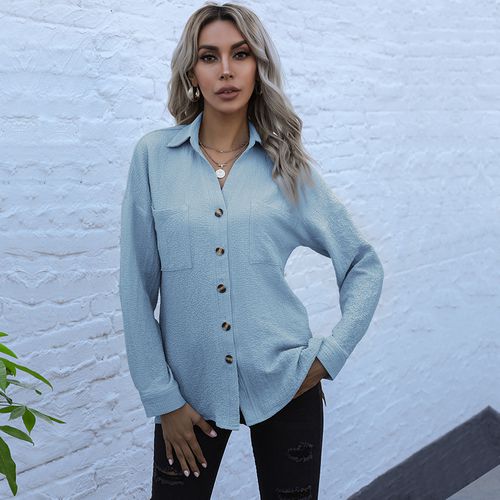 Women Solid Color Shirt Single-breasted Long Sleeved Blouse