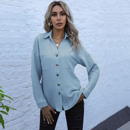 Women Solid Color Shirt Single-breasted Long Sleeved Blouse