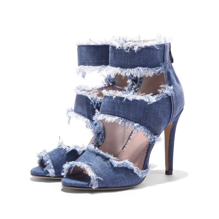 Women's High Heel Denim Fishmouth Stiletto Heel Sandals