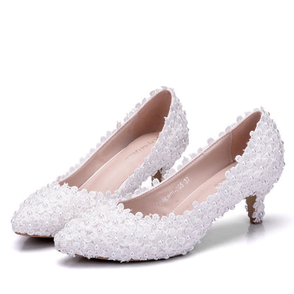 Women Pointed Toe Lace Pearls Bridal Wedding Shoes Pumps Stiletto Heel