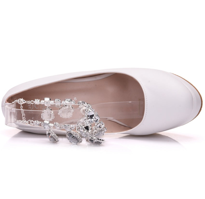 Women Round Toe Rhinestone Chains Wedding Wedge Heel Platform Pumps