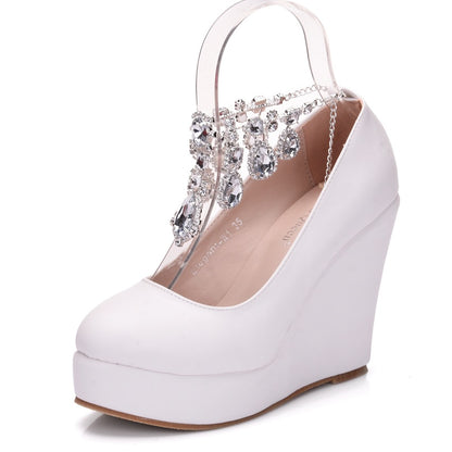 Women Round Toe Rhinestone Chains Wedding Wedge Heel Platform Pumps