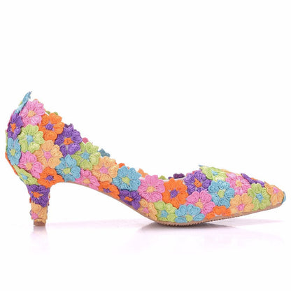 Women Pointed Toe Lace Flora Bridal Wedding Shoes Pumps Stiletto Heel