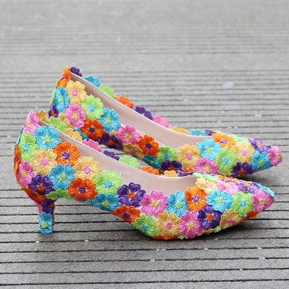 Women Pointed Toe Lace Flora Bridal Wedding Shoes Pumps Stiletto Heel