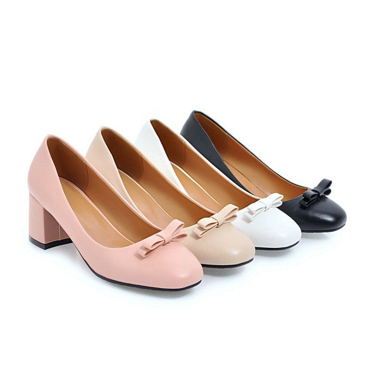 Sweet Bow Knot Thick Heel Shallow Mouth Square Head Middle Heels Women Pumps