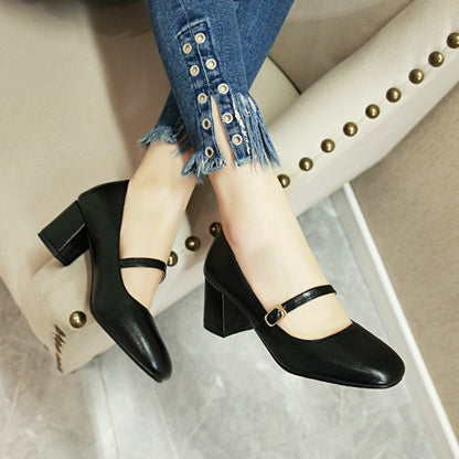 Shallow Mouth Square Head Thick Heel Student Shoes Women Chunky Heels Pumps