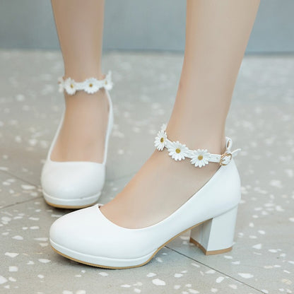 Round Head Thick Heel High Heel Sweet Flowers Women Pumps