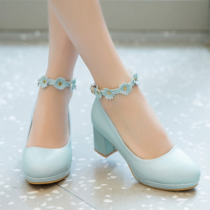 Round Head Thick Heel High Heel Sweet Flowers Women Pumps