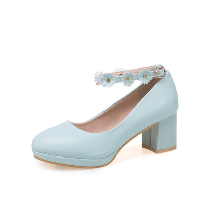 Round Head Thick Heel High Heel Sweet Flowers Women Pumps