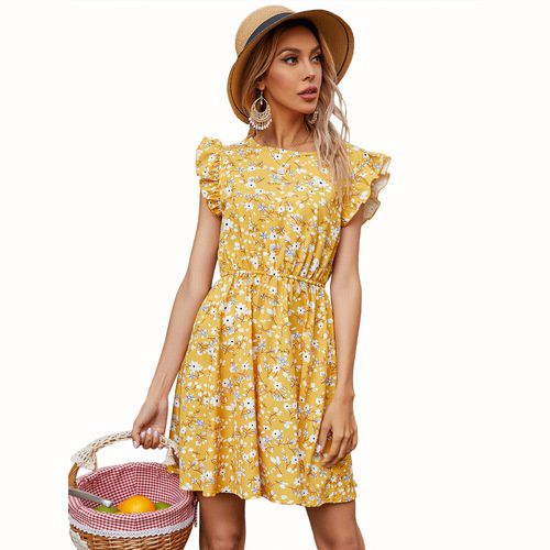Womens Ruffle Flower Short Sleeved Dress