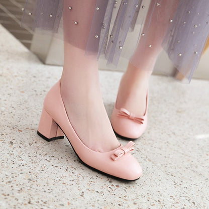 Sweet Bow Knot Thick Heel Shallow Mouth Square Head Middle Heels Women Pumps