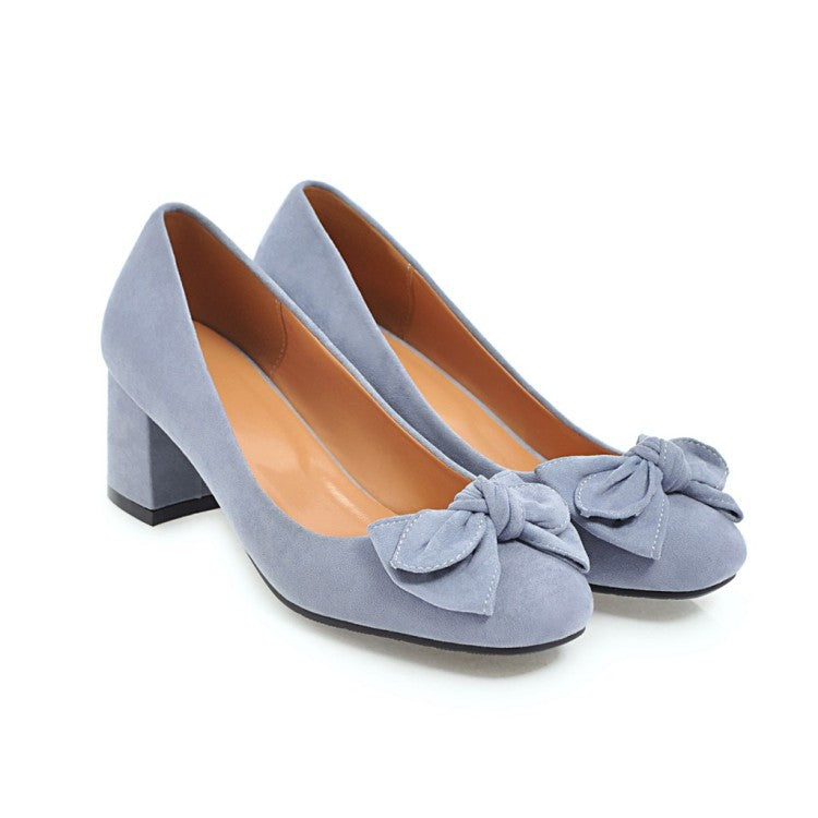 Sweet Butterfly Knot Suede Thick Heel Middle Heels Women Pumps