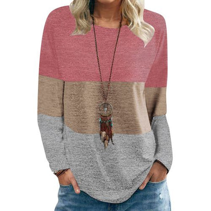 Womens Round Neck Pullover Color Contrast Top T-shirt