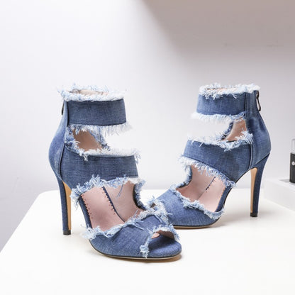 Women's High Heel Denim Fishmouth Stiletto Heel Sandals