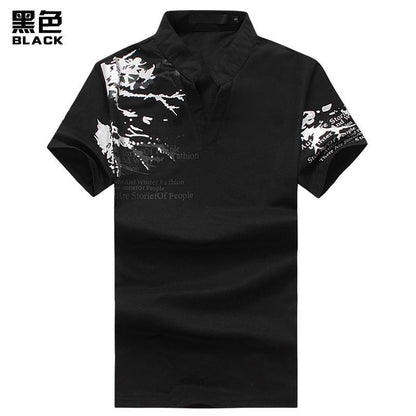 Men's Printing Henry Stand-Up Collar Short Sleeves Plus Size T-shirt