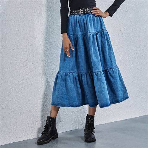 Ins Fashion High Waist Loose Dip Hem Denim Long Women Skirts