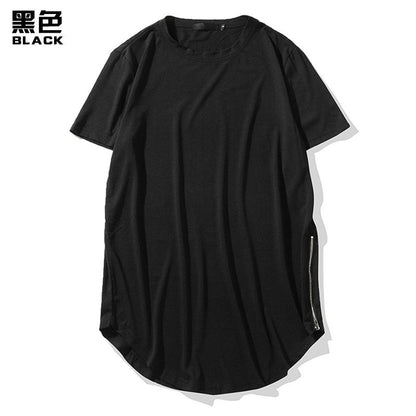 Men's Personality Street Style Double Zipper Long Round Neck T-shirt