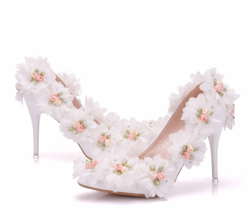 Women Ribbons Flora Rhinestone Stiletto Heel Pumps Wedding Shoes