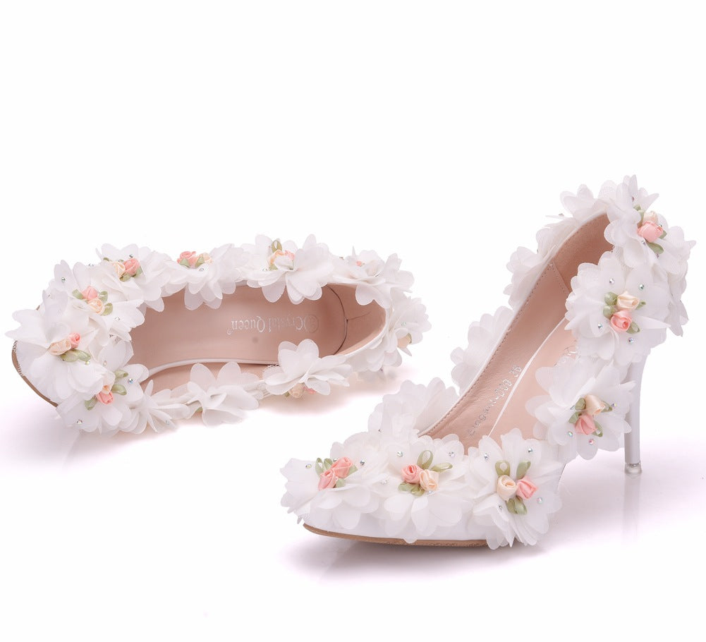 Women Ribbons Flora Rhinestone Stiletto Heel Pumps Wedding Shoes