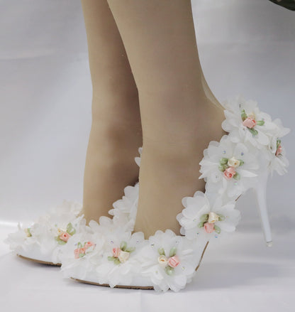 Women Ribbons Flora Rhinestone Stiletto Heel Pumps Wedding Shoes