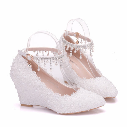 Pearls Lace Tassel Ankle Strap 8cm Wedge Heel Women Pumps Wedding Shoes