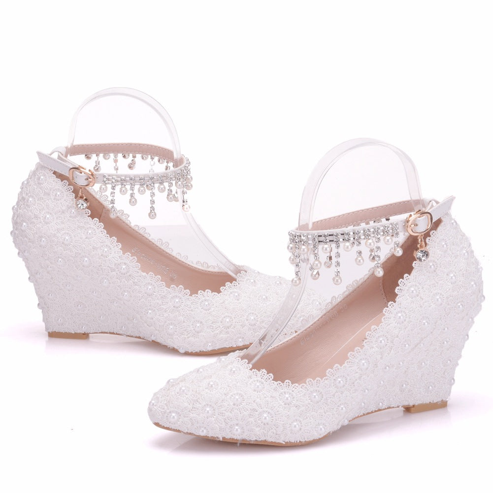 Pearls Lace Tassel Ankle Strap 8cm Wedge Heel Women Pumps Wedding Shoes