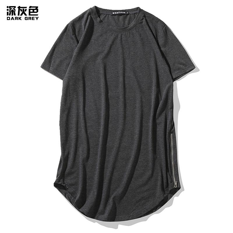 Men's Personality Street Style Double Zipper Long Round Neck T-shirt