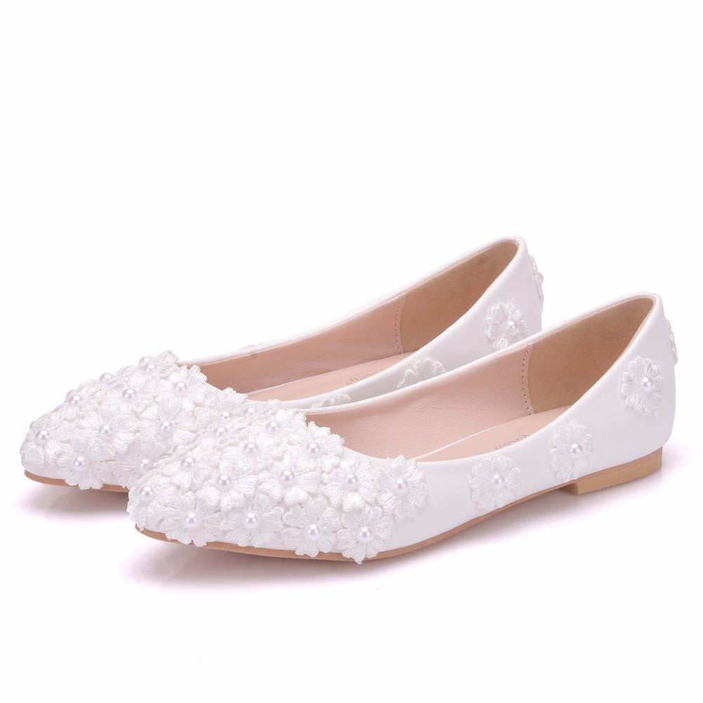 Women Pointed Toe Shallow Pearls Lace Flora Bridal Wedding Shoes Flats