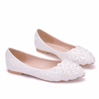 Women Pointed Toe Shallow Pearls Lace Flora Bridal Wedding Shoes Flats