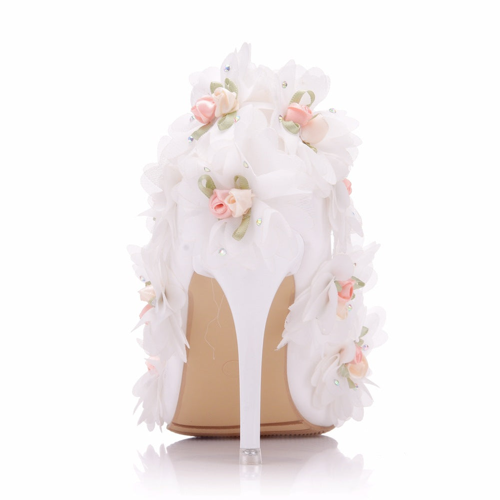 Women Ribbons Flora Rhinestone Stiletto Heel Pumps Wedding Shoes