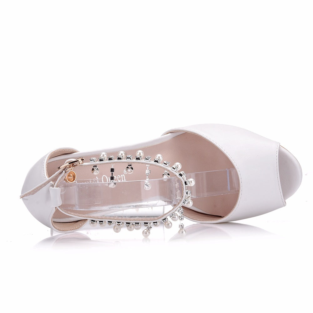 Women Peep Toe Beads Rhinestone Ankle Strap Bridal Wedding Stiletto Heel Platform Sandals