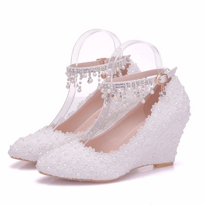 Pearls Lace Tassel Ankle Strap 8cm Wedge Heel Women Pumps Wedding Shoes