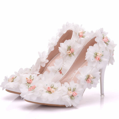 Women Ribbons Flora Rhinestone Stiletto Heel Pumps Wedding Shoes