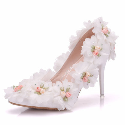 Women Ribbons Flora Rhinestone Stiletto Heel Pumps Wedding Shoes