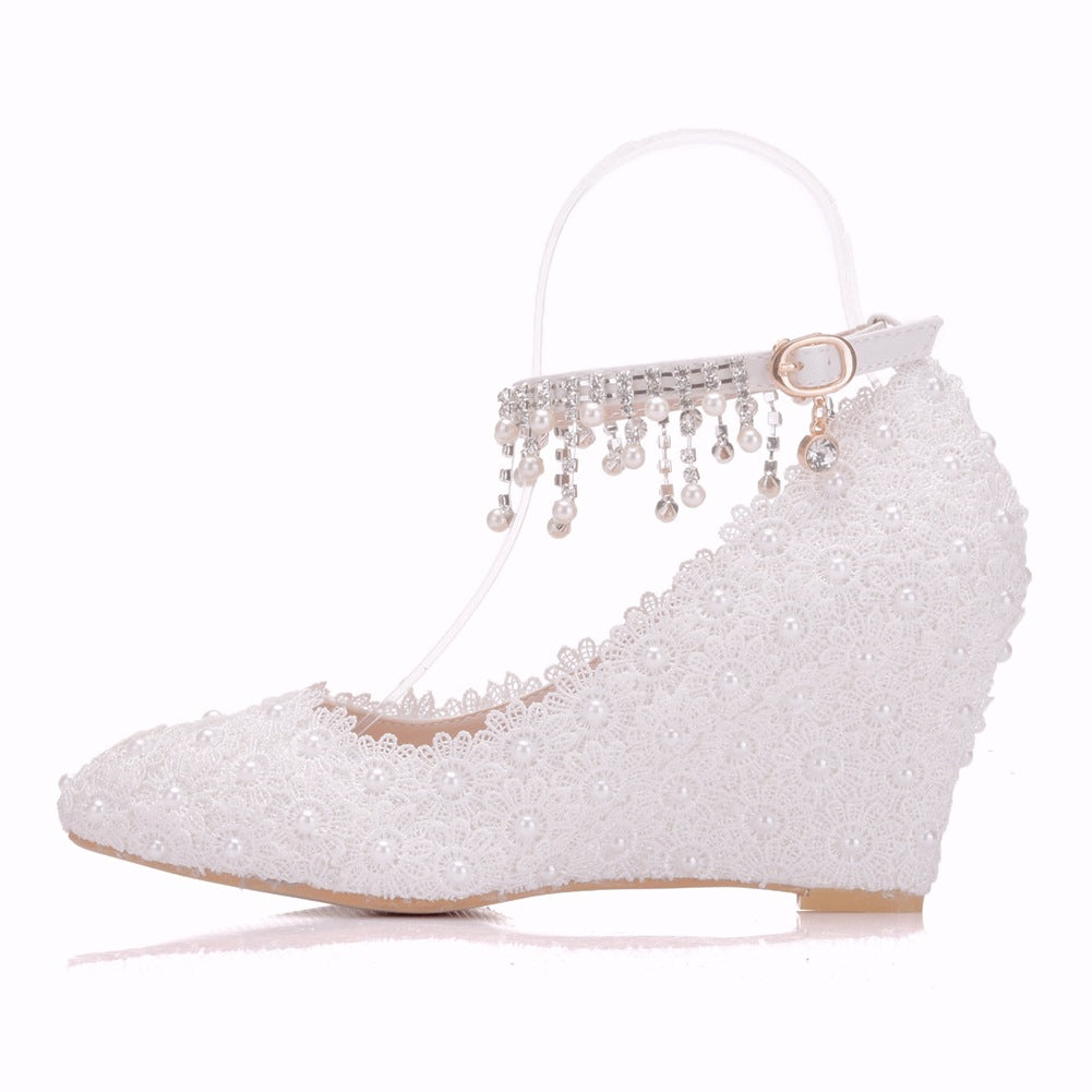 Pearls Lace Tassel Ankle Strap 8cm Wedge Heel Women Pumps Wedding Shoes