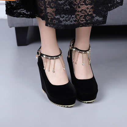 Women Metal Tassel Platform Wedges High Heel Shoes 8123