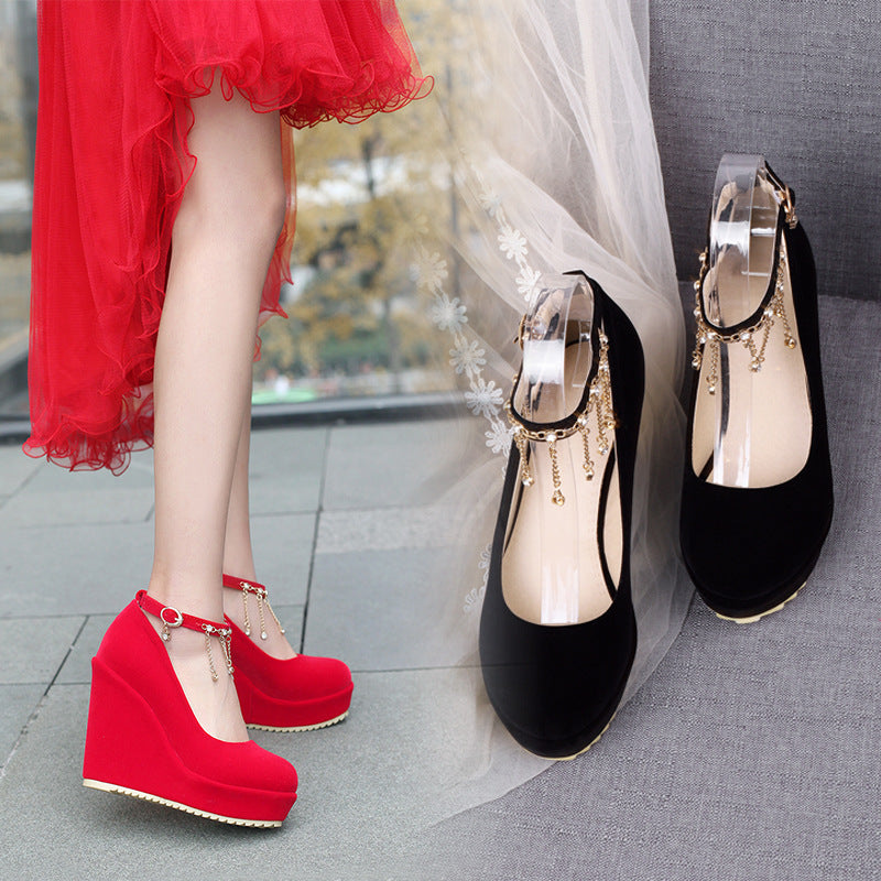 Women Metal Tassel Platform Wedges High Heel Shoes 8123