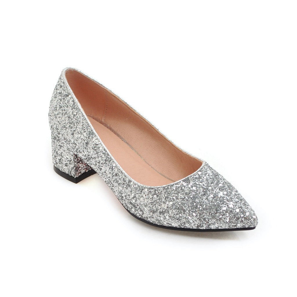 Pointed Toe Sequins Women's Pumps Middle Heels Shoes