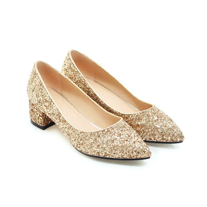 Pointed Toe Sequins Women's Pumps Middle Heels Shoes