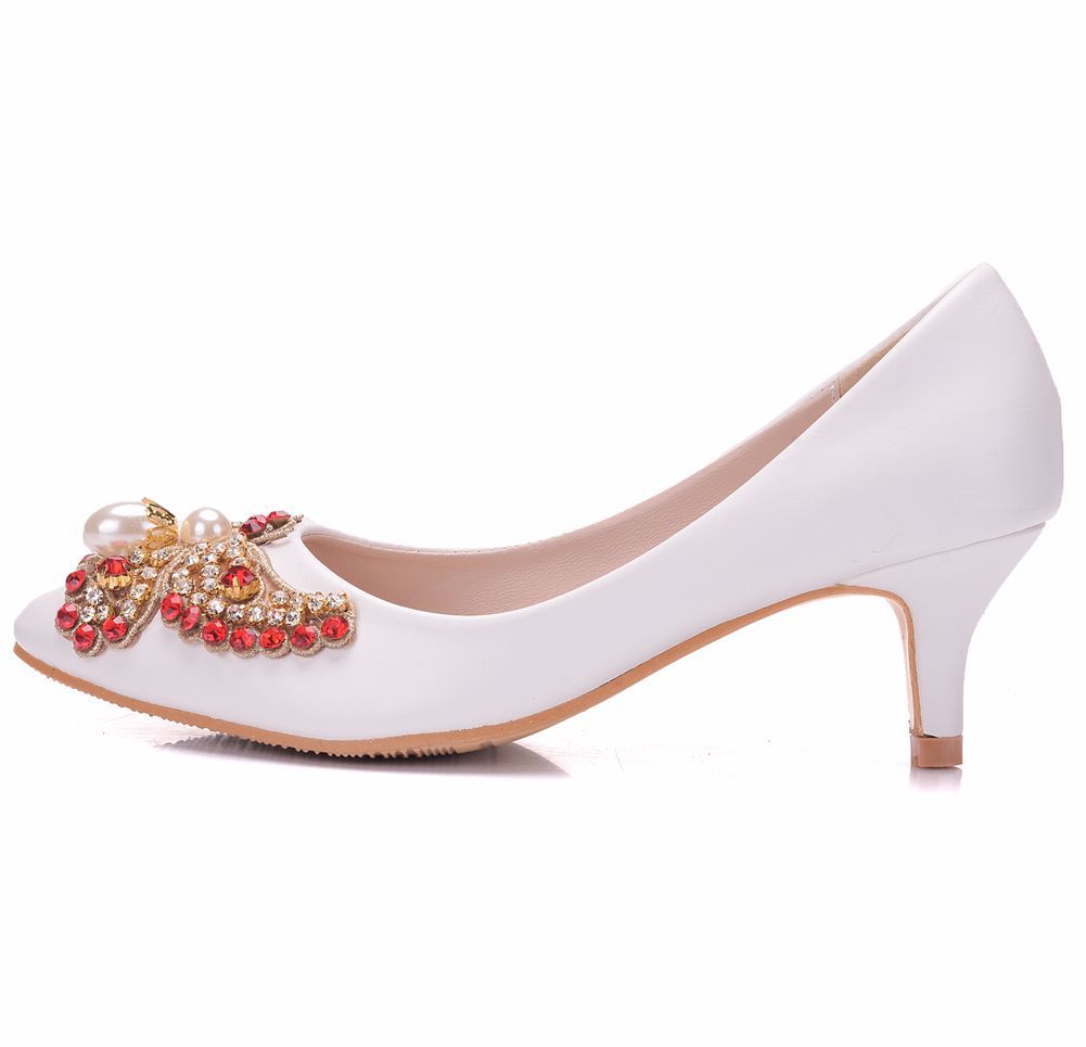 Women Pointed Toe Rhinestone Pearls Butterfly Bridal Wedding Shoes Pumps Stiletto Heel