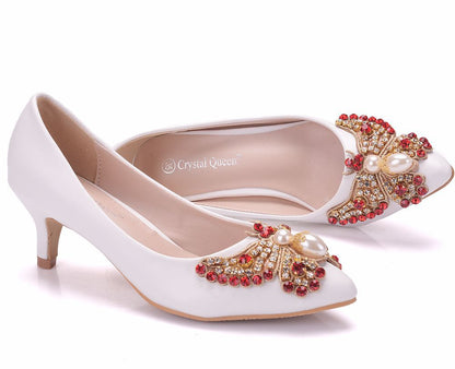 Women Pointed Toe Rhinestone Pearls Butterfly Bridal Wedding Shoes Pumps Stiletto Heel