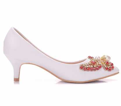 Women Pointed Toe Rhinestone Pearls Butterfly Bridal Wedding Shoes Pumps Stiletto Heel