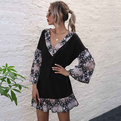 Tinted Printed Chiffon Spring Summer Loose Vskirt Collar Women Dresses