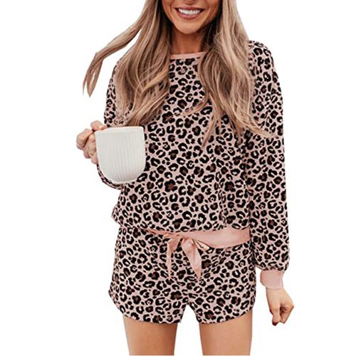 Women Velvet Leopard Print Long-sleeved Tops Shorts Home 2pcs Suit