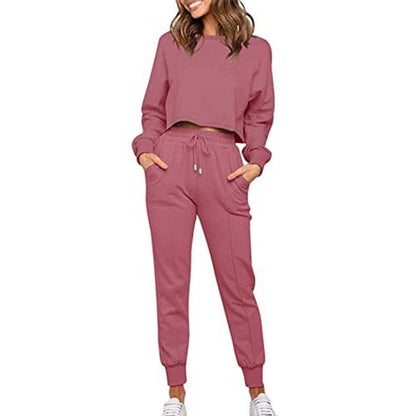 Womens Solid Color Long Sleeve Tops Pants Two Pieces Sports Suit