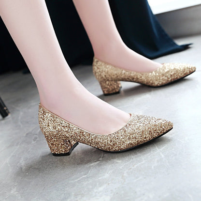 Pointed Toe Sequins Women's Pumps Middle Heels Shoes