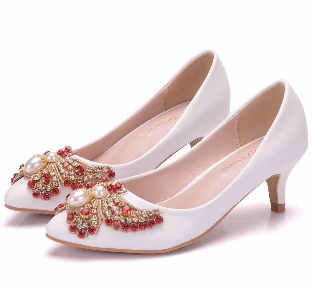 Women Pointed Toe Rhinestone Pearls Butterfly Bridal Wedding Shoes Pumps Stiletto Heel